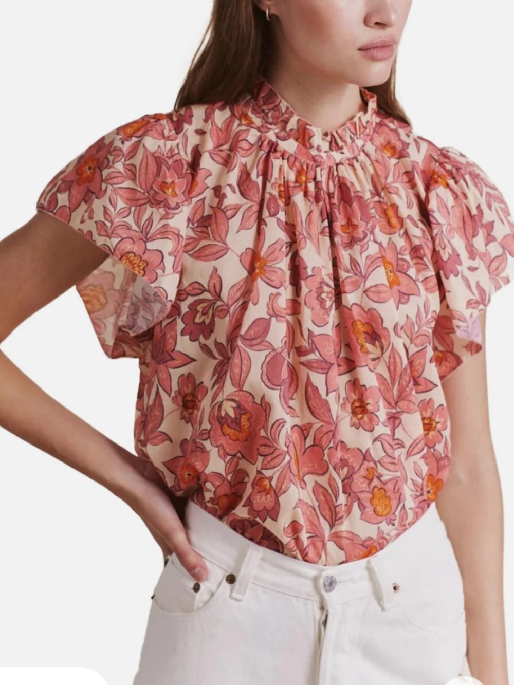 Smocked Neck Floral Print Blouse - Pink Floral